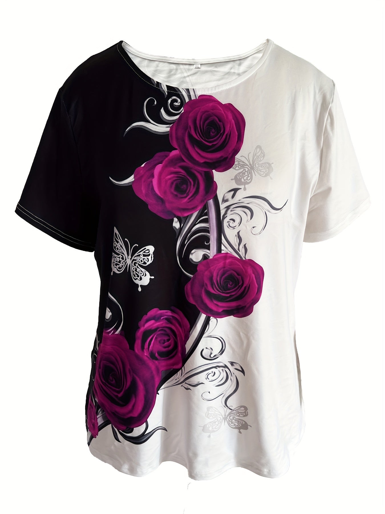 Plus Size Casual T-shirt, Women's Plus Colorblock Rose Print Short Sleeve Round Neck Slight Stretch T-shirt