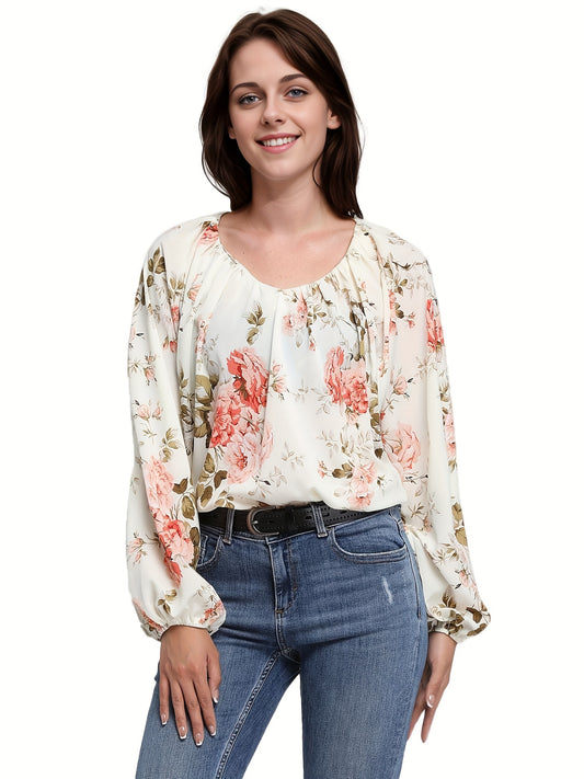 Floral Print Crew Neck Blouse, Casual Long Lantern Sleeve Blouse For Spring & Fall, Women's Clothing