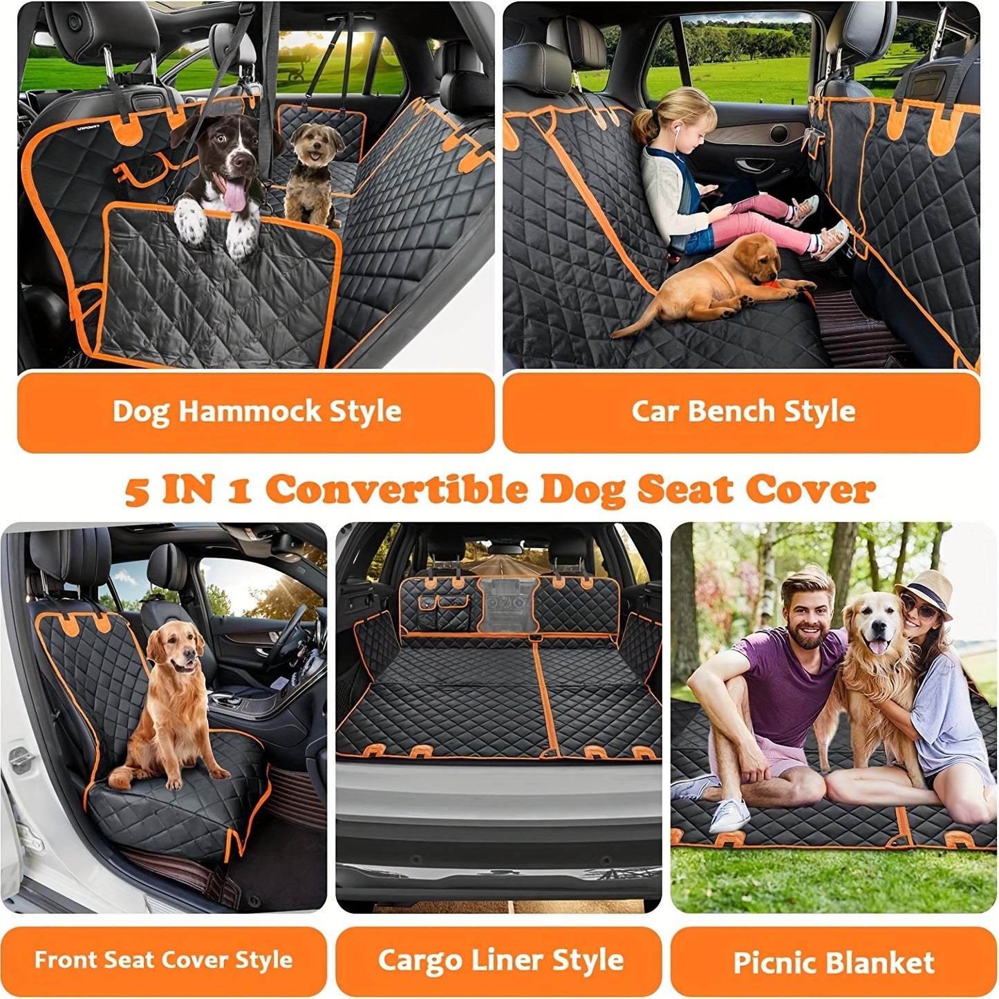 6-in-1 Dog Car Seat Cover for Back Seat, 60/40 Split 100% Waterproof Dog Hammock for Car, Trucks Suvs-Scratchproof Nonslip Back Seat Protector for Dog