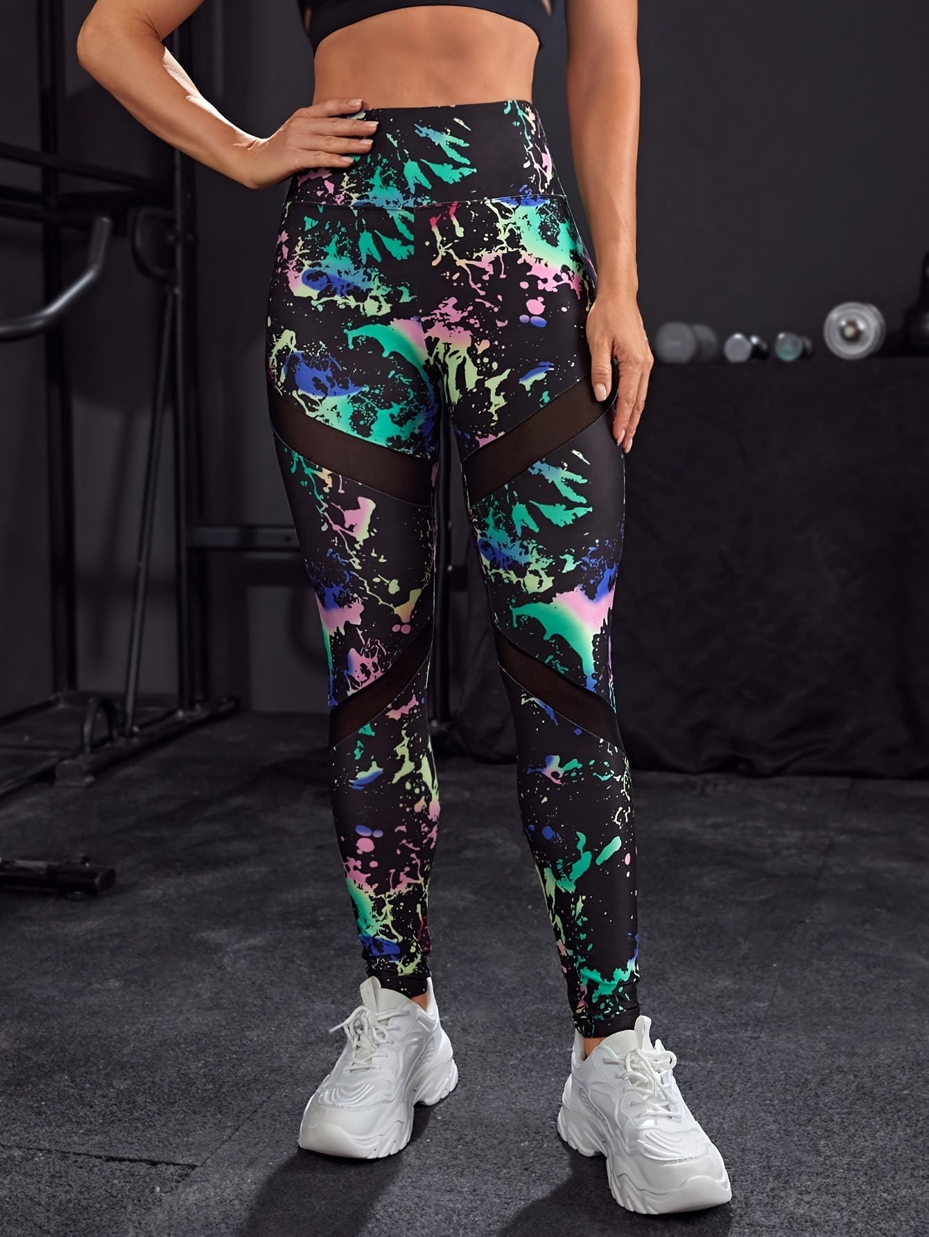 Women's Splash Print High-Waisted Leggings With Mesh Contrast, Comfortable Sports Long Pants For Workout & Casual Wear