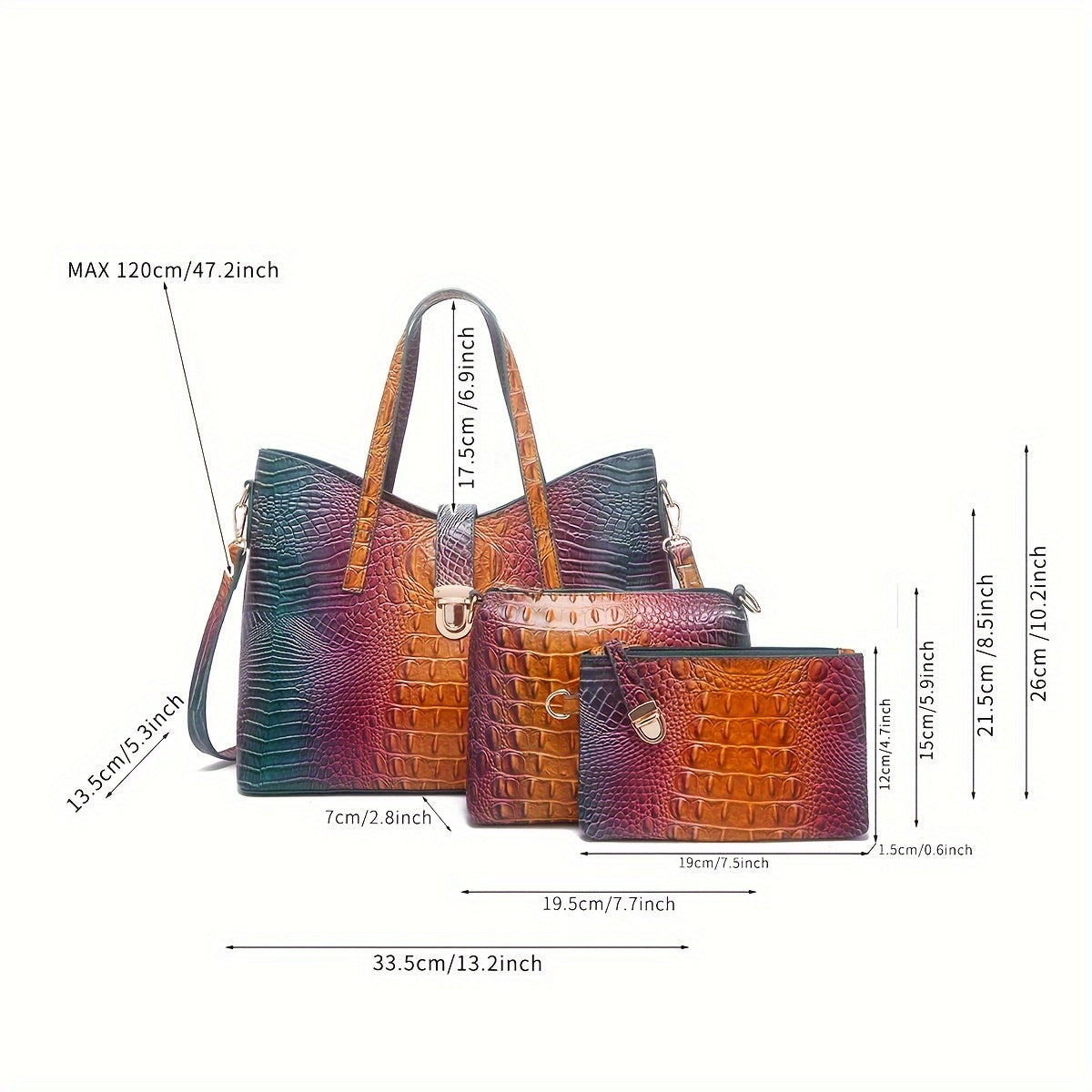 3pcs Gradient Color Purse Set, Fashion Crocodile Pattern Tote Bag, Women's Handbag With Crossbody Bag And Mini Coin Purse