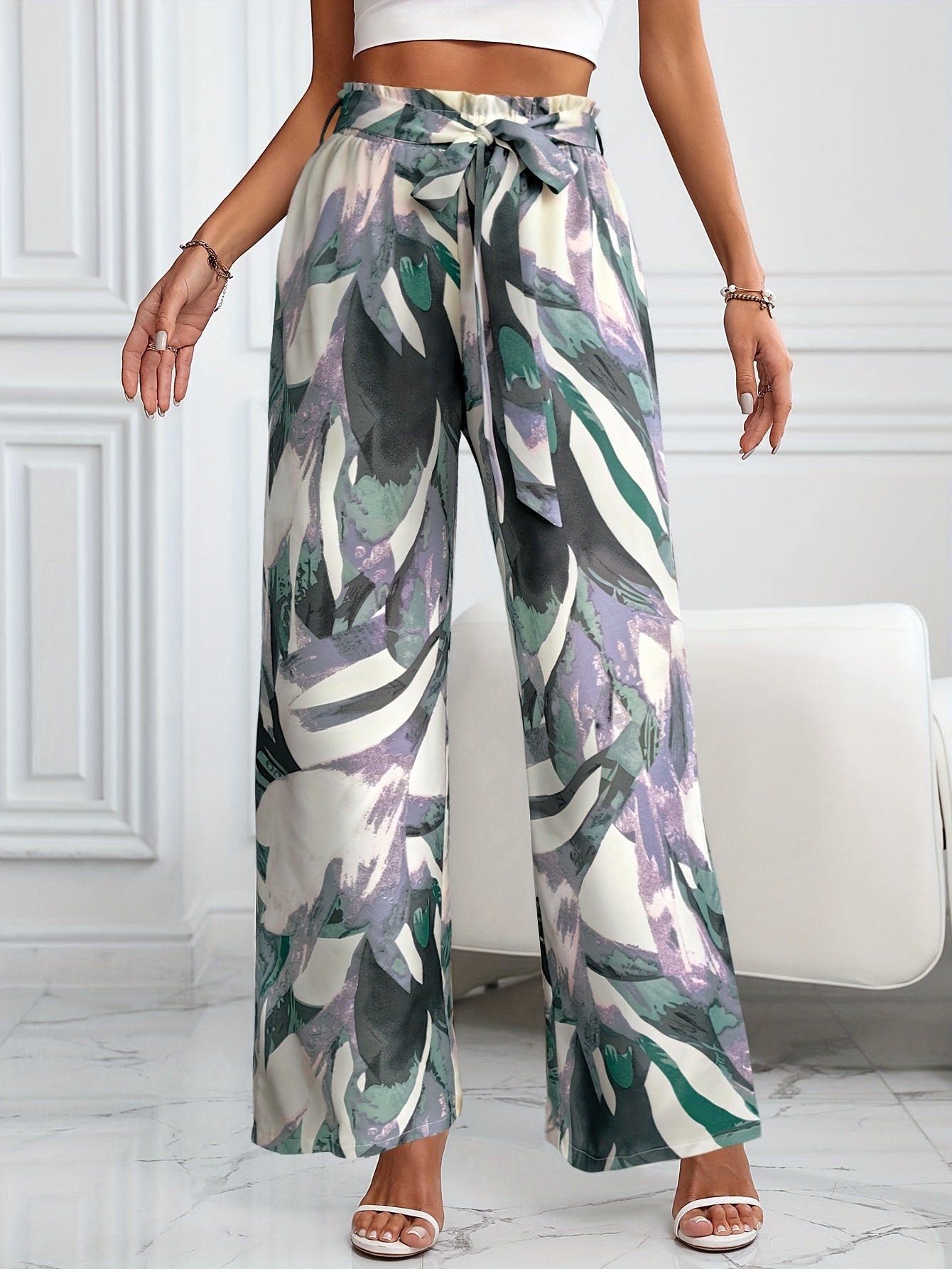 Elegant Women's Straight-Leg Pants with Chic Plant Print - Tie-Front, Non-Stretch for Spring/Summer