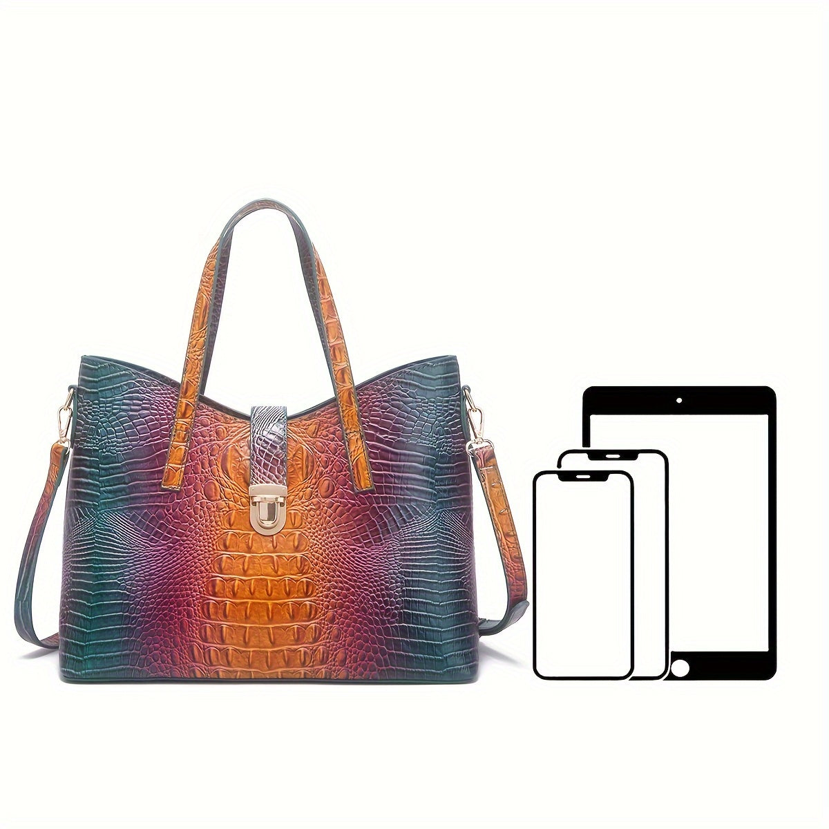 3pcs Gradient Color Purse Set, Fashion Crocodile Pattern Tote Bag, Women's Handbag With Crossbody Bag And Mini Coin Purse