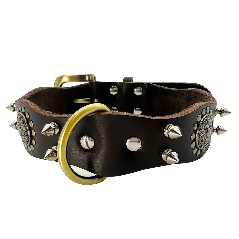 Genuine Leather Dog Collar, Spiked Studded Dog Neck Collar Durable Dog Rivet Collar With Alloy Buckle