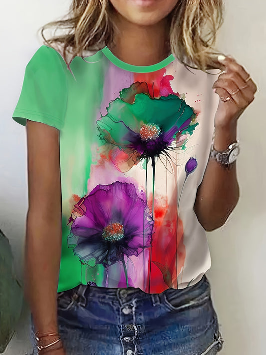 Floral Print T-shirt, Casual Short Sleeve Crew Neck Top For Spring & Summer, Women's Clothing