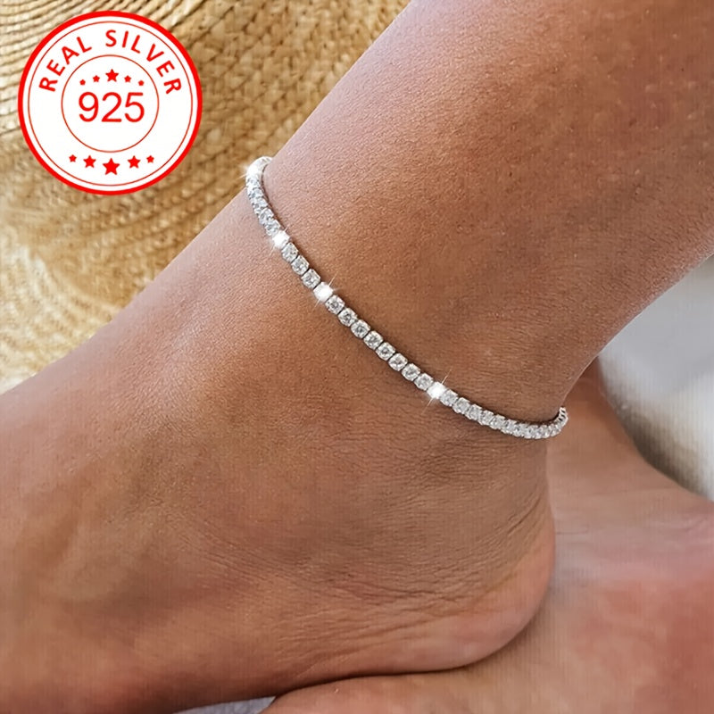 S925 Sterling Silver Ankle Bracelet For Women, Sparkling Rhinestone Chain, Luxury Shiny Foot Jewelry, Hypoallergenic, Perfect For Beach Vacation, Wedding, Party Accessory, Gift, 4.8g/0.17oz