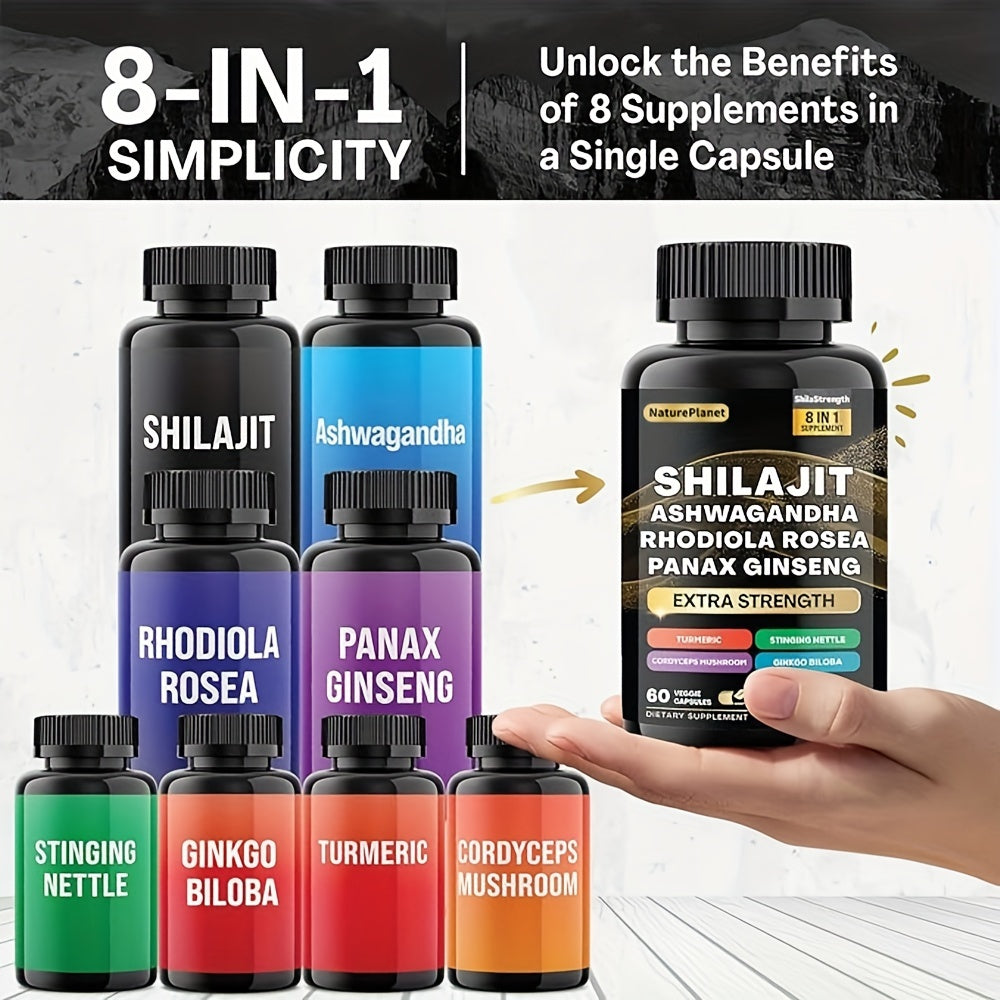 NaturePlanet, 1btl/2btls, 8 In 1 Ultimate Synergy Blend, Energy & Stamina Supplement Wiyan Shilajit 9000MG, Ashwagandha 2000MG, Rhodiola Rosea 1000MG, Panax Ginseng 1500MG, Turmeric 500MG, Ginkgo Biloba  60 Veggie Capsulesth Pure Himala