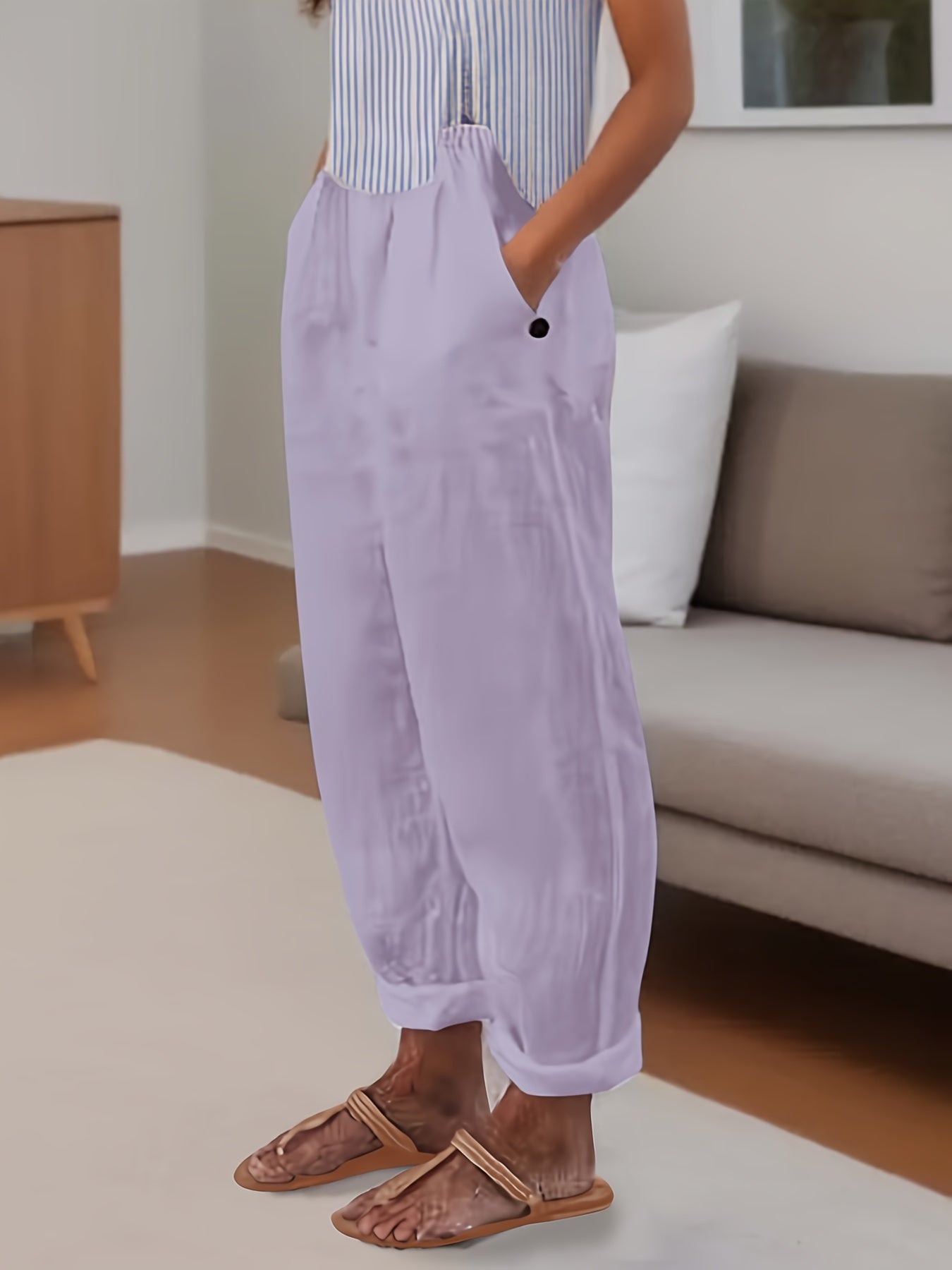 Minimalist Solid Versatile Pants, Casual Wide Leg Elastic Waist Summer Pants, Women's Clothing