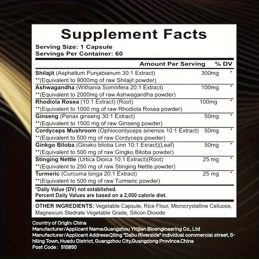 Himiyer Shilajit 9000 Panax Ginseng 1500MG Ashwagandha 2000MG Rhodiola Rosea 1000MG, Turmeric 500MG, Gingko Biloba 500MG, Stinging Nettle 250MG, Cordyceps Mushroom 500MG (60 Caps)