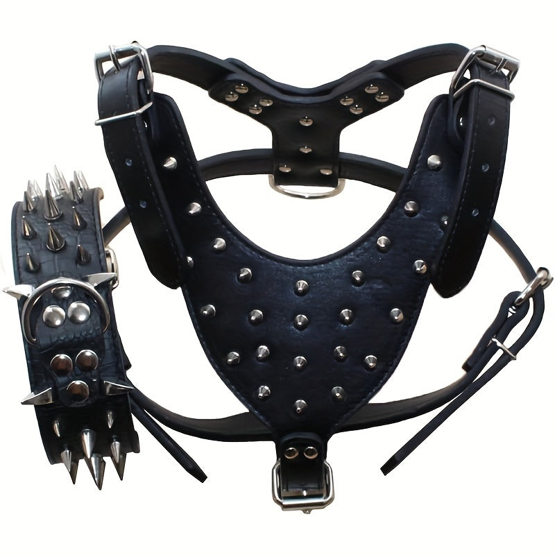 Adjustable Pet Harness Set With Rivet Leather, Cool Pet Vest Style Harness With Stable Buckle And Ring Linking To Leash, Pet Outdoor Walking Supplies