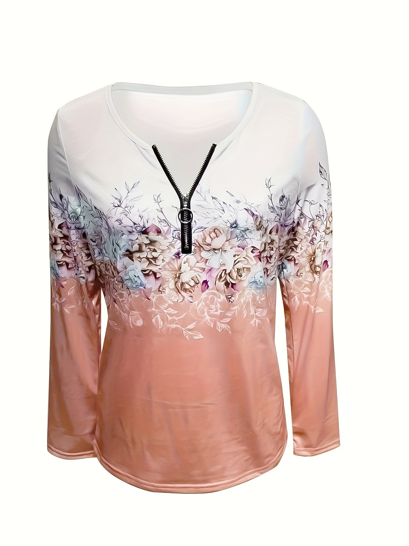 Floral Print Zip Up T-shirt, Casual Long Sleeve Top For Spring & Fall, Women's Clothing