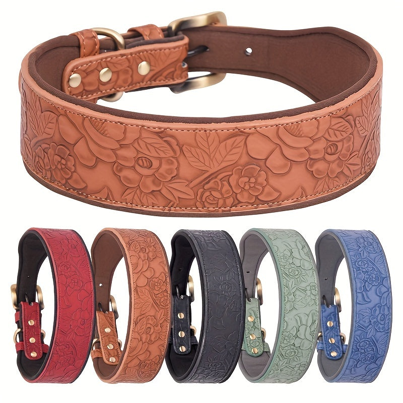 1pc Premium Embossed Leather Dog Collar - Vintage Fashion for Medium & Large Pups - Durable, Stylish Basic Collar