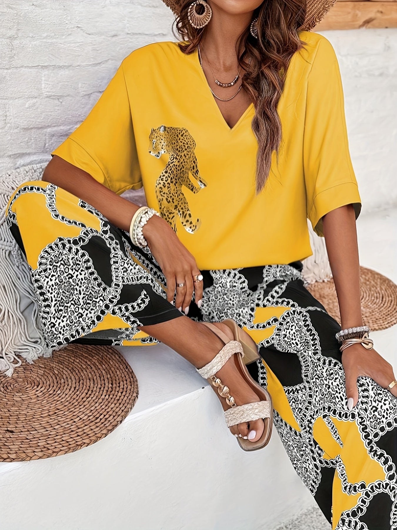 Chic Leopard & Chain Print Two-Piece Set - V-Neck Short Sleeve Top & Wide Leg Pants - Fashionable Womens Casual Outfit