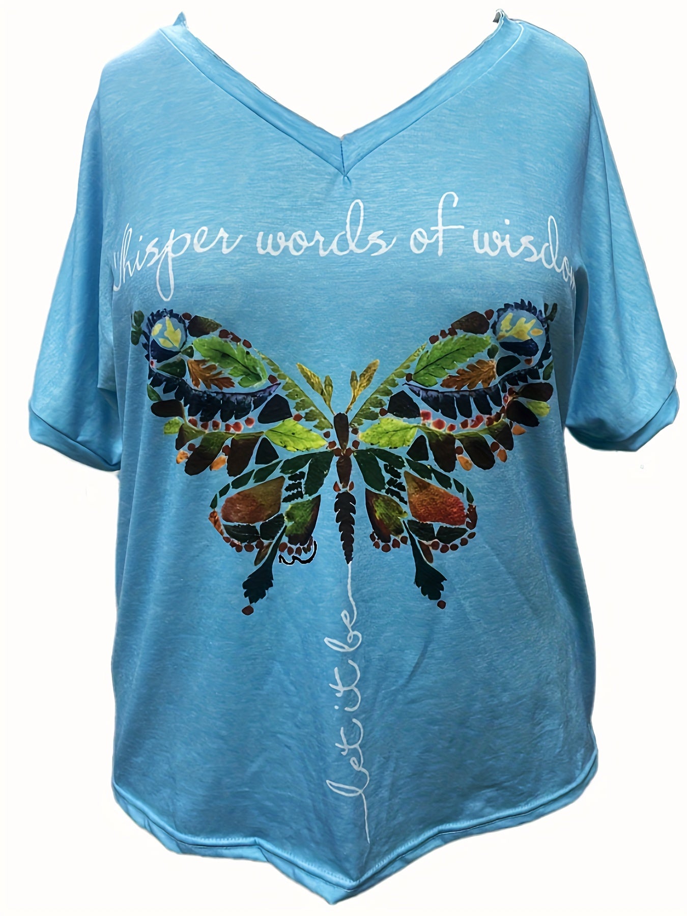 Chic Plus Size Butterfly Tee - V-Neck, Short Sleeve & Stretch Fabric for Everyday Comfort