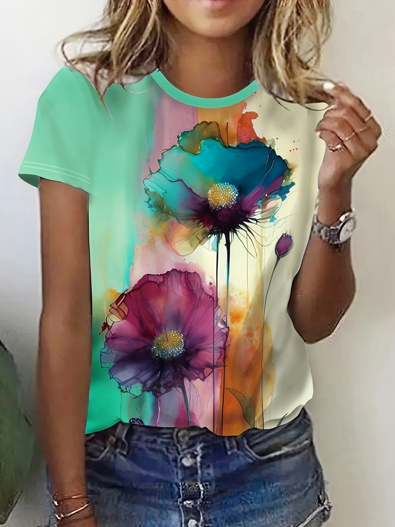 Floral Print T-shirt, Casual Short Sleeve Crew Neck Top For Spring & Summer, Women's Clothing