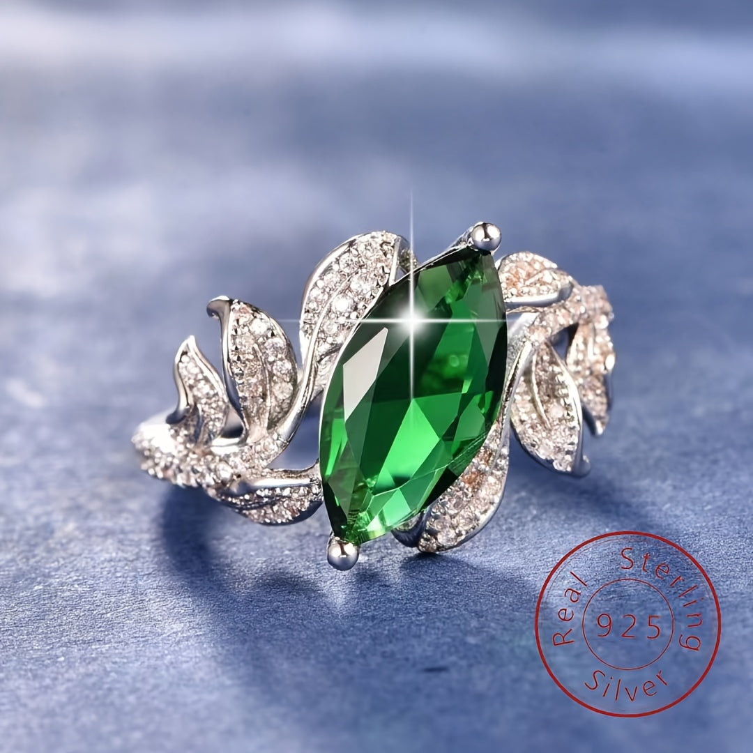 2pcs Fashion S925 Sterling Silver Rings, Inlaid Green Cubic Zirconia Leaf Ring