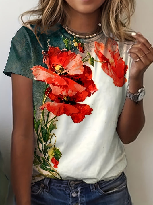 Vintage Floral Charm - Womens Casual Crew Neck T-Shirt with Short Sleeves - Lightweight, Breathable Summer Wear - Eye-Catching Design, Comfortable Fashion Staple