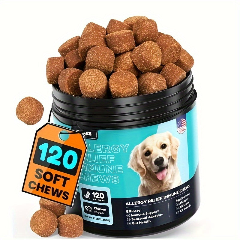 OMIKEE Dog Allergy Chews for Seasonal Allergies, Dog Allergy Relief with Omega 3, Probiotics & Natural Ingredients, Itch Relief for Dogs Allergy, Itching, Paw Biting, Skin Health 120 Ct Chicken Flavor