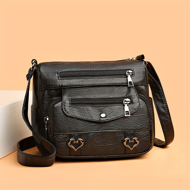 Chic Heart Charm Crossbody Bag for Women - Soft Faux Leather, Multi-Compartment Design, Versatile Fashion Accessory