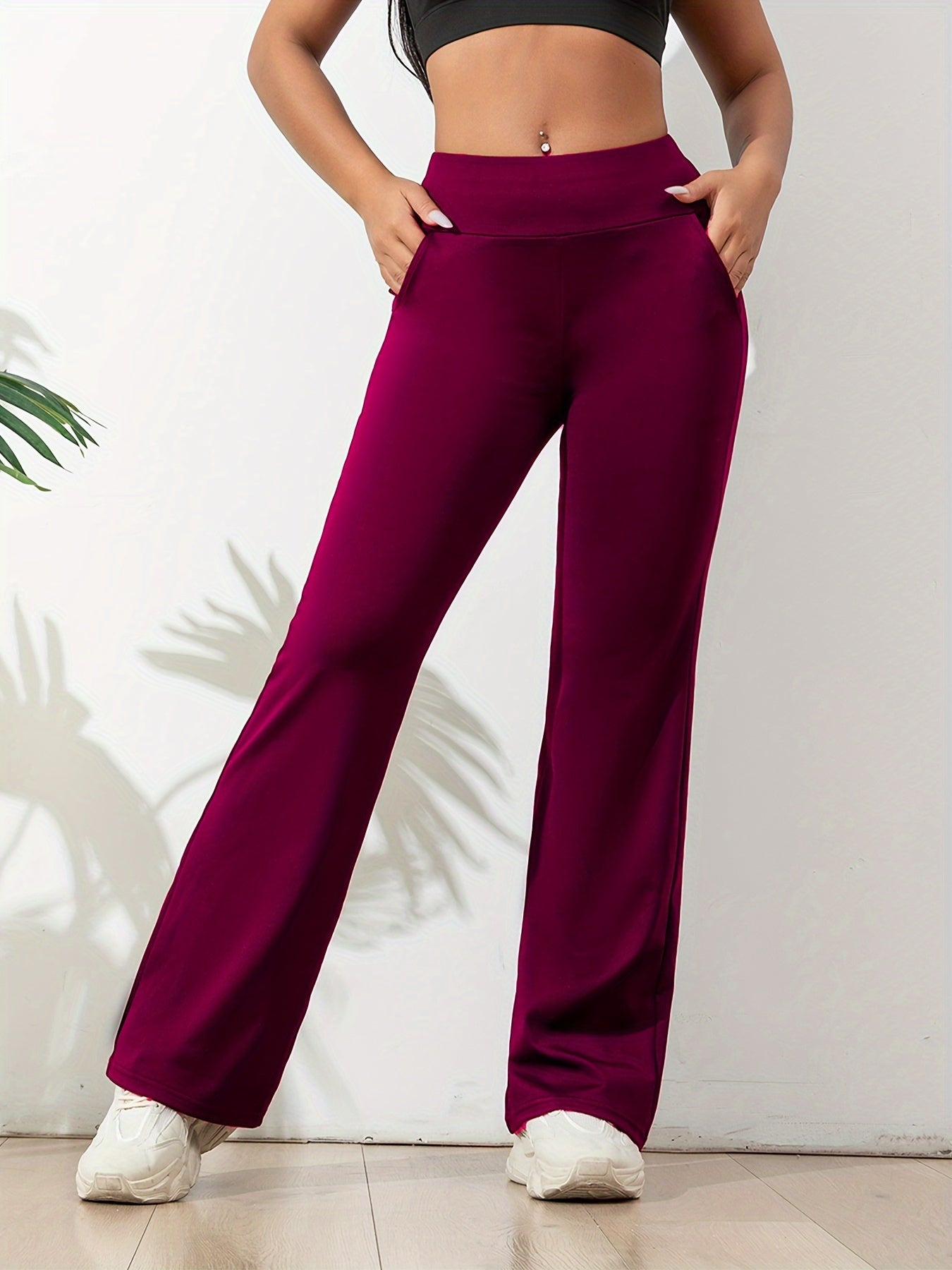 High Waist Casual Flare Pants With Pockets, Slimming Bootcut Pants For Exercise & Leisure