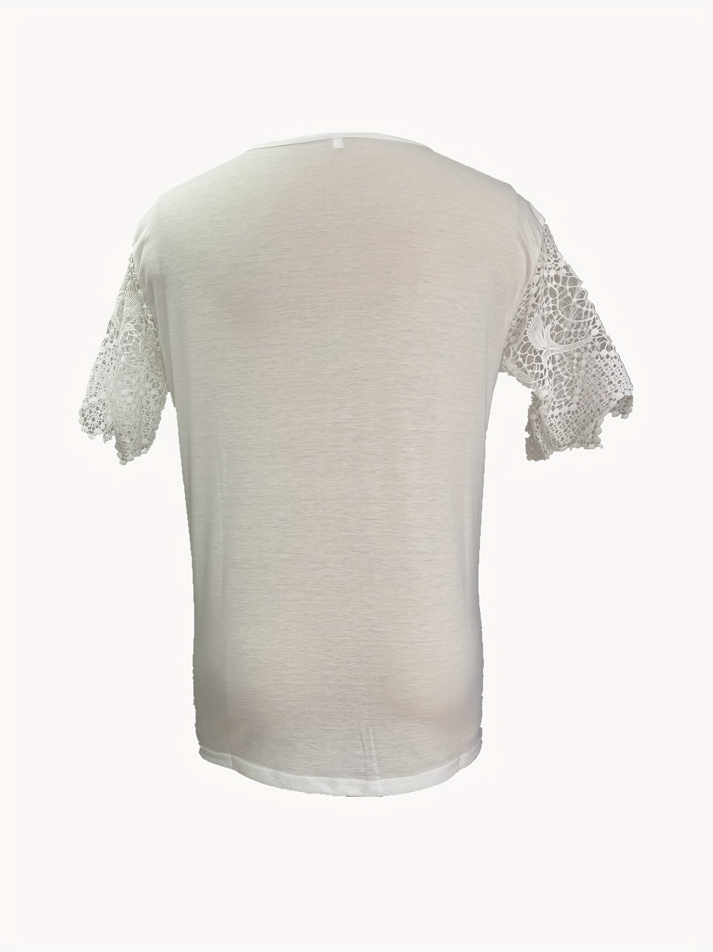 Plus Size Elegant T-shirt, Women's Plus Solid Contrast Lace Short Sleeve V Neck Slight Stretch T-shirt