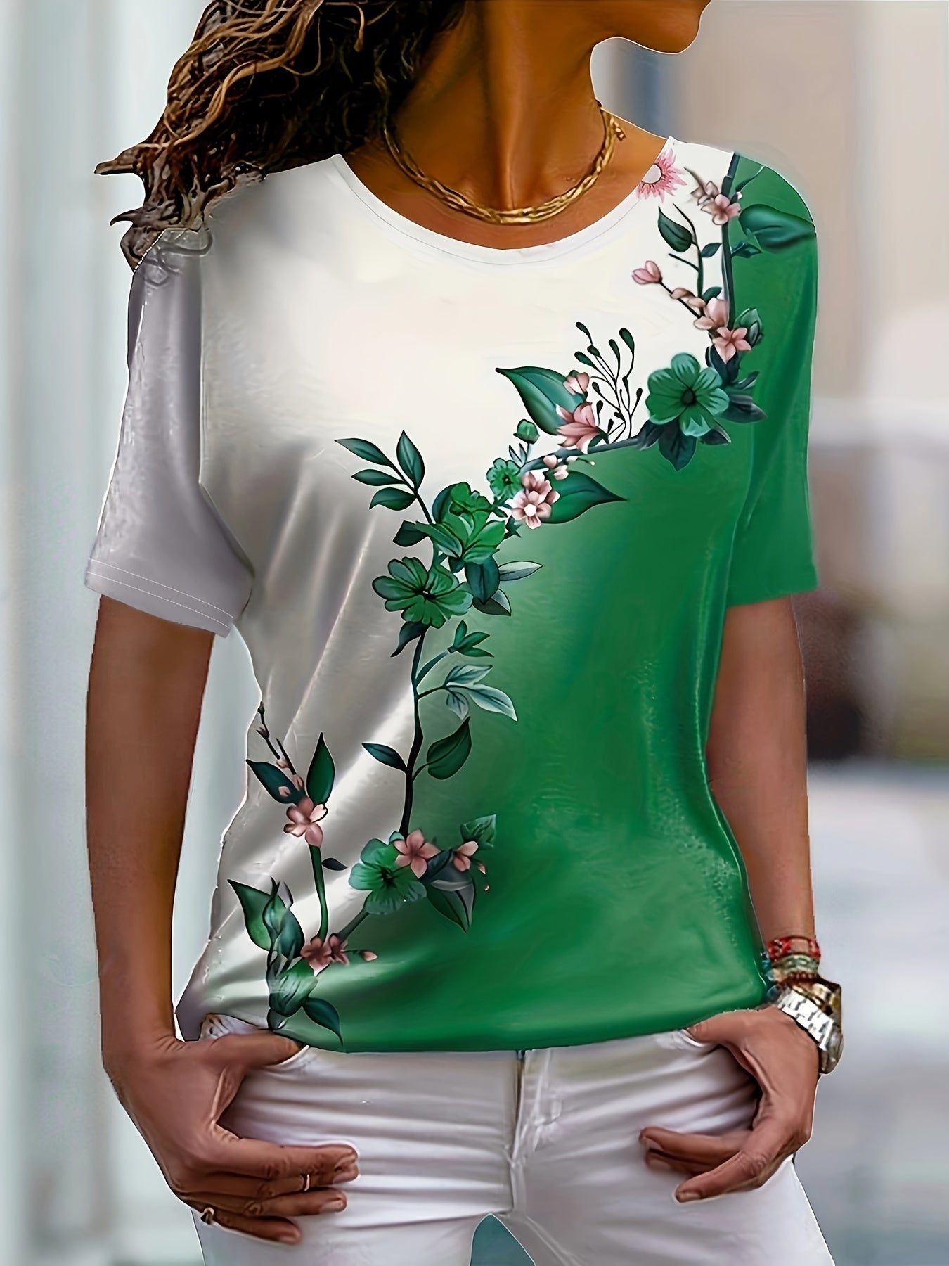 Floral Print Colorblock Crew Neck T-Shirt, Casual Short Sleeve Top For Spring & Summer, Women's Clothing