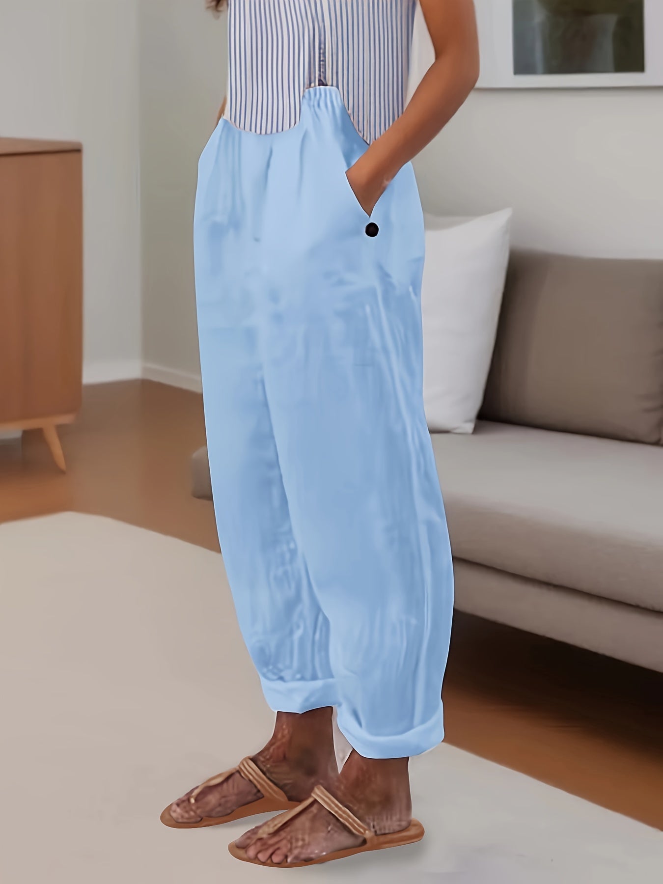 Minimalist Solid Versatile Pants, Casual Wide Leg Elastic Waist Summer Pants, Women's Clothing