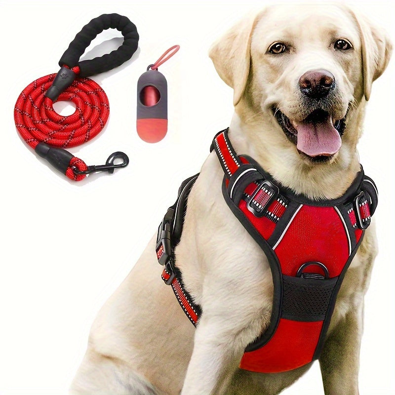 3-Piece Comfort-Fit Dog Harness Set with Anti-Escape Design, Includes Matching Leash & Poop Bag Dispenser - Ideal for Secure Walks, Fully Adjustable