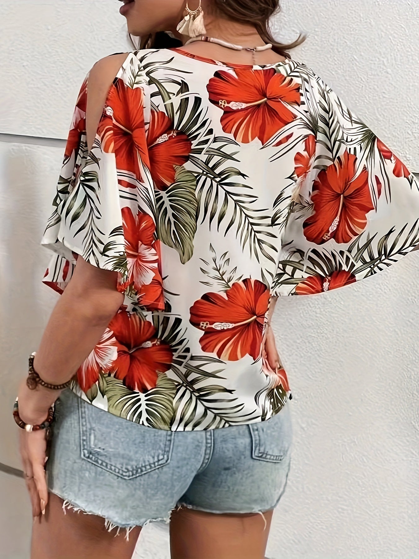 Floral Print V Neck Blouse, Elegant Split Sleeve Blouse For Spring & Summer, Women's Clothing