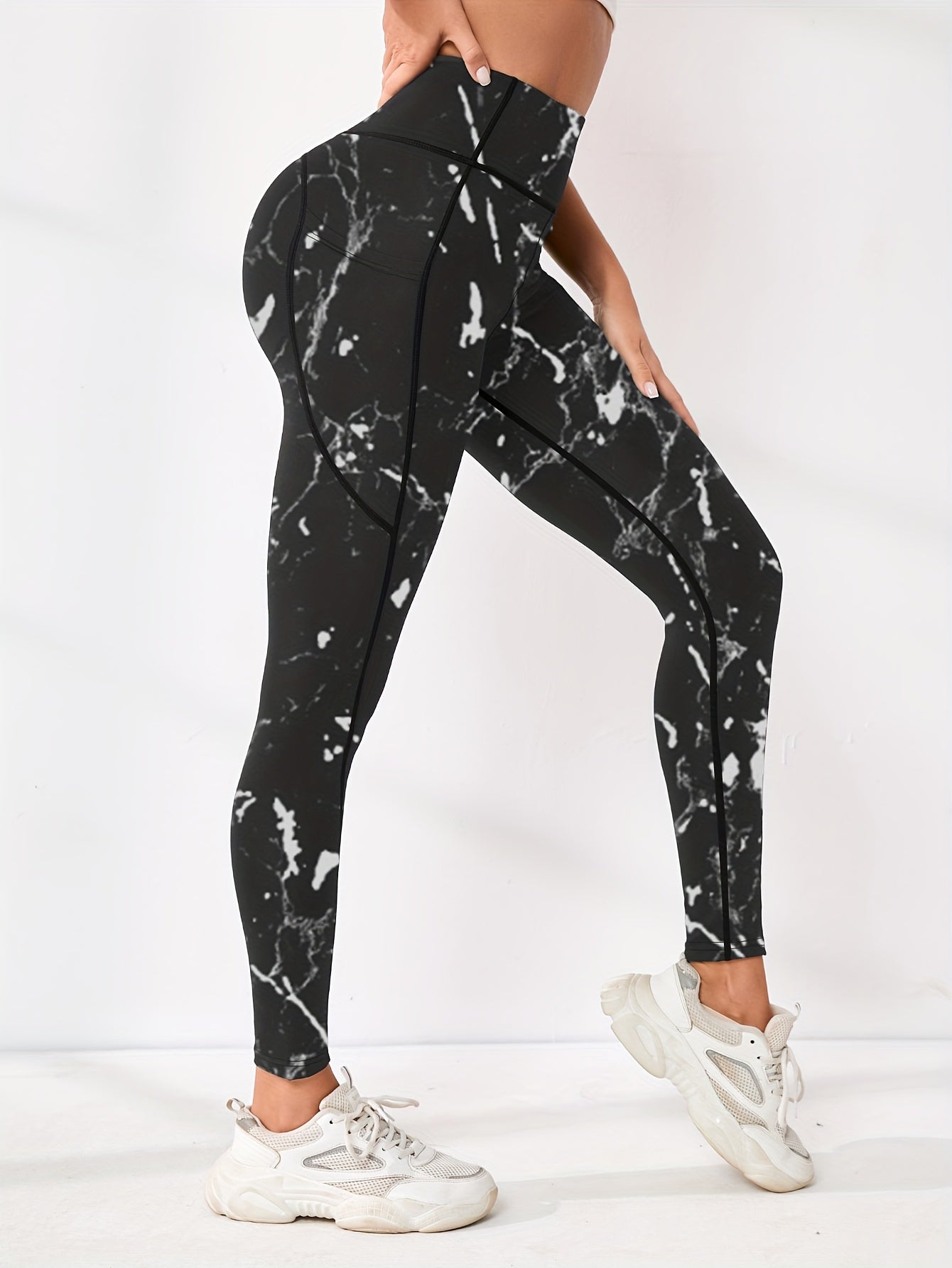 Womens Flattering High Waist Yoga Pants - Sculpting Slimming Effect with Side Pockets for Running & Fitness - Fashionable Marble Print Athletic Leggings