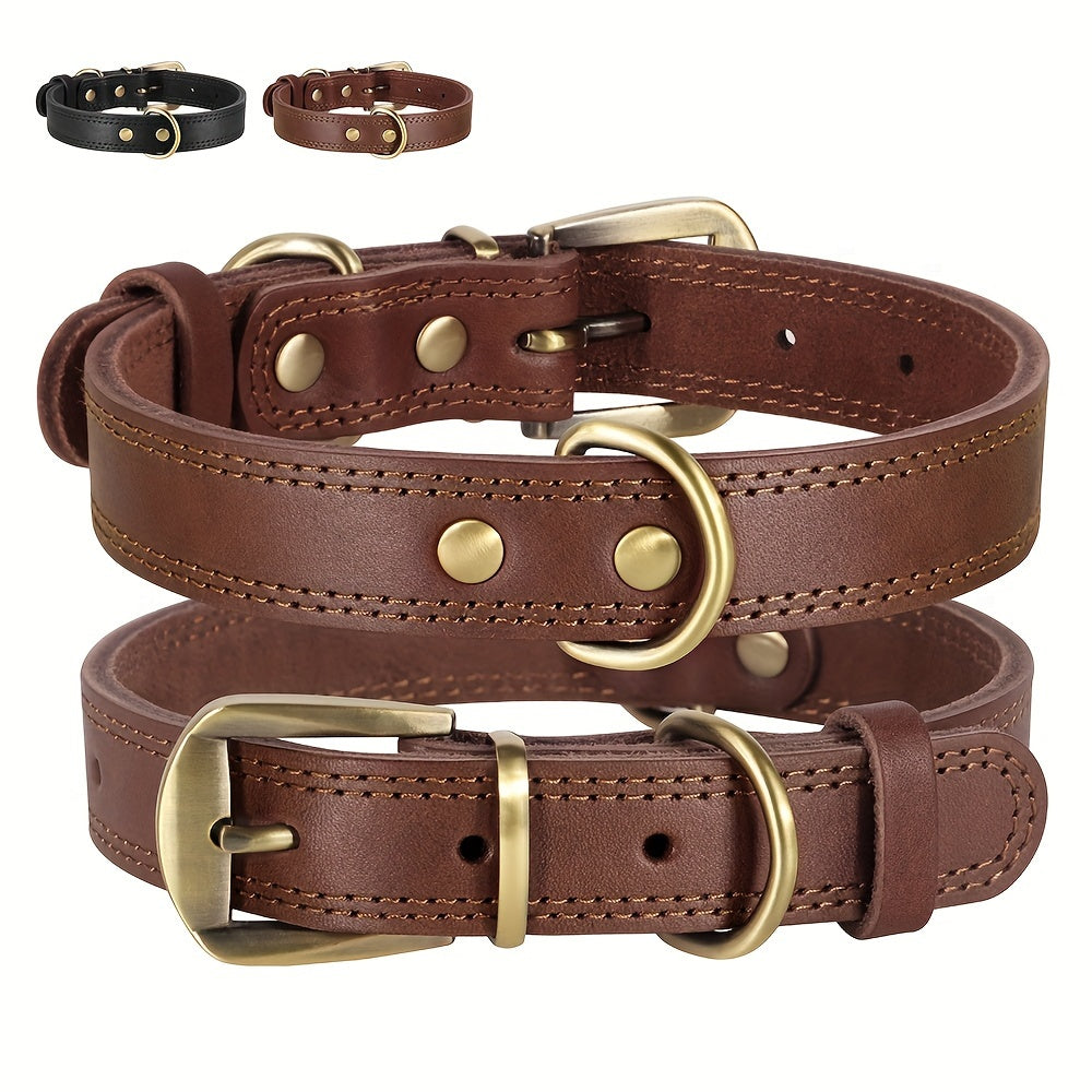 Genuine Leather Dog Collar Durable Soft Puppy Collar With Adjustable Metal Buckle For Small Medium And Large Dogs