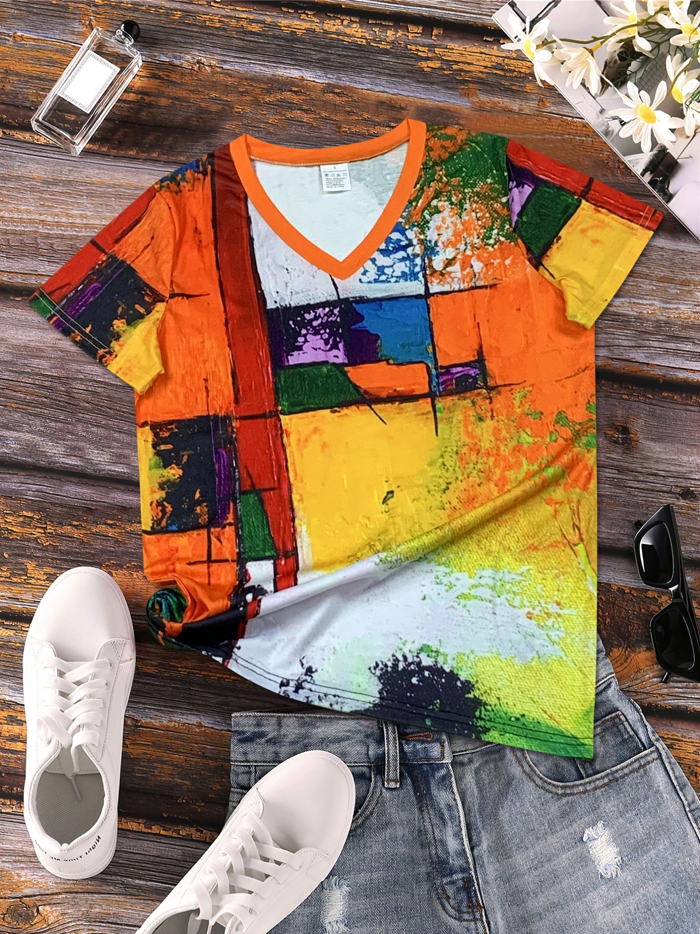 Abstract Art Painting Print Tee - Women's Short Sleeve Casual Top for Summer & Spring