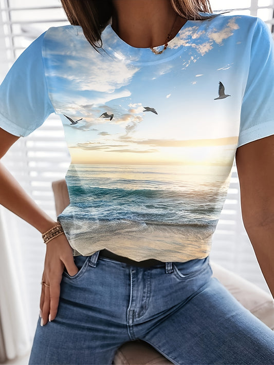 Sky & Sea Print T-Shirt, Casual Crew Neck Short Sleeve Top For Spring & Summer, Women's Clothing