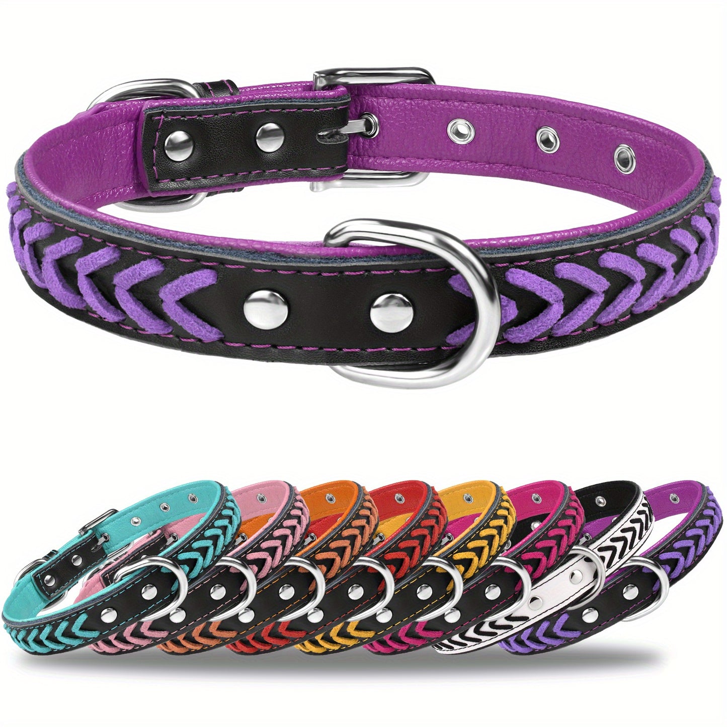 Taglory Leather Dog Collar, Stylish Braided Padded Dog Collars With Double D-Rings, Dog Collars For Small Medium Large Dog