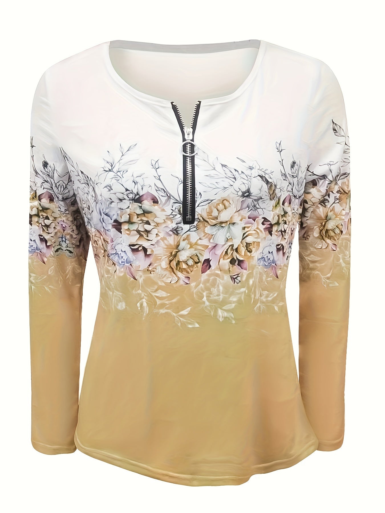 Floral Print Zip Up T-shirt, Casual Long Sleeve Top For Spring & Fall, Women's Clothing