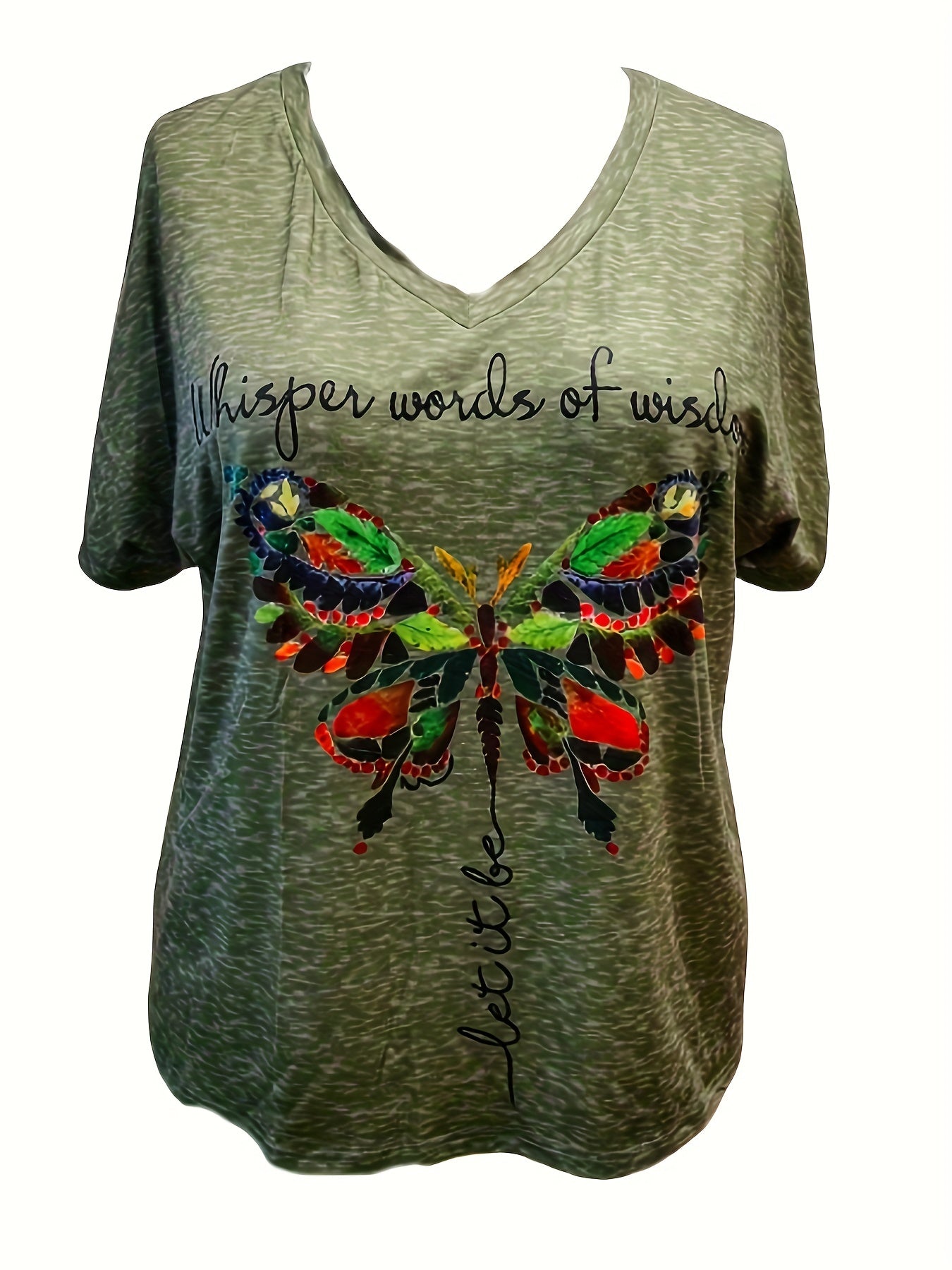 Chic Plus Size Butterfly Tee - V-Neck, Short Sleeve & Stretch Fabric for Everyday Comfort