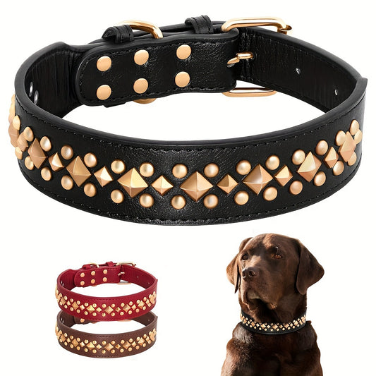 Premium Spiked Studded Leather Dog Collar - Comfortable & Durable for Mighty Medium to Large Dogs - Stylish Heavy Duty PU Leather