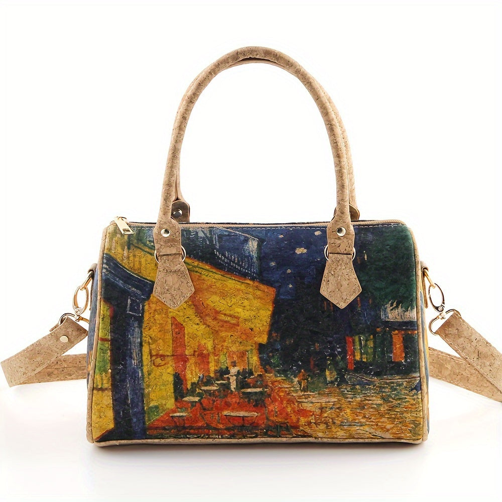 Retro Oil Painting Small Boston Bag, Classic Textured Top Handle Satchel Bag For Women