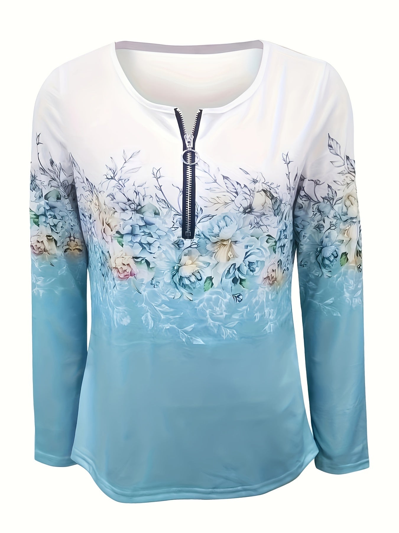 Floral Print Zip Up T-shirt, Casual Long Sleeve Top For Spring & Fall, Women's Clothing