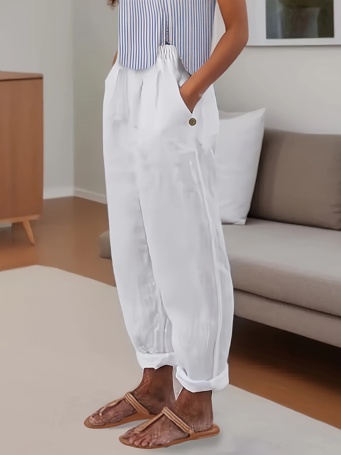 Minimalist Solid Versatile Pants, Casual Wide Leg Elastic Waist Summer Pants, Women's Clothing