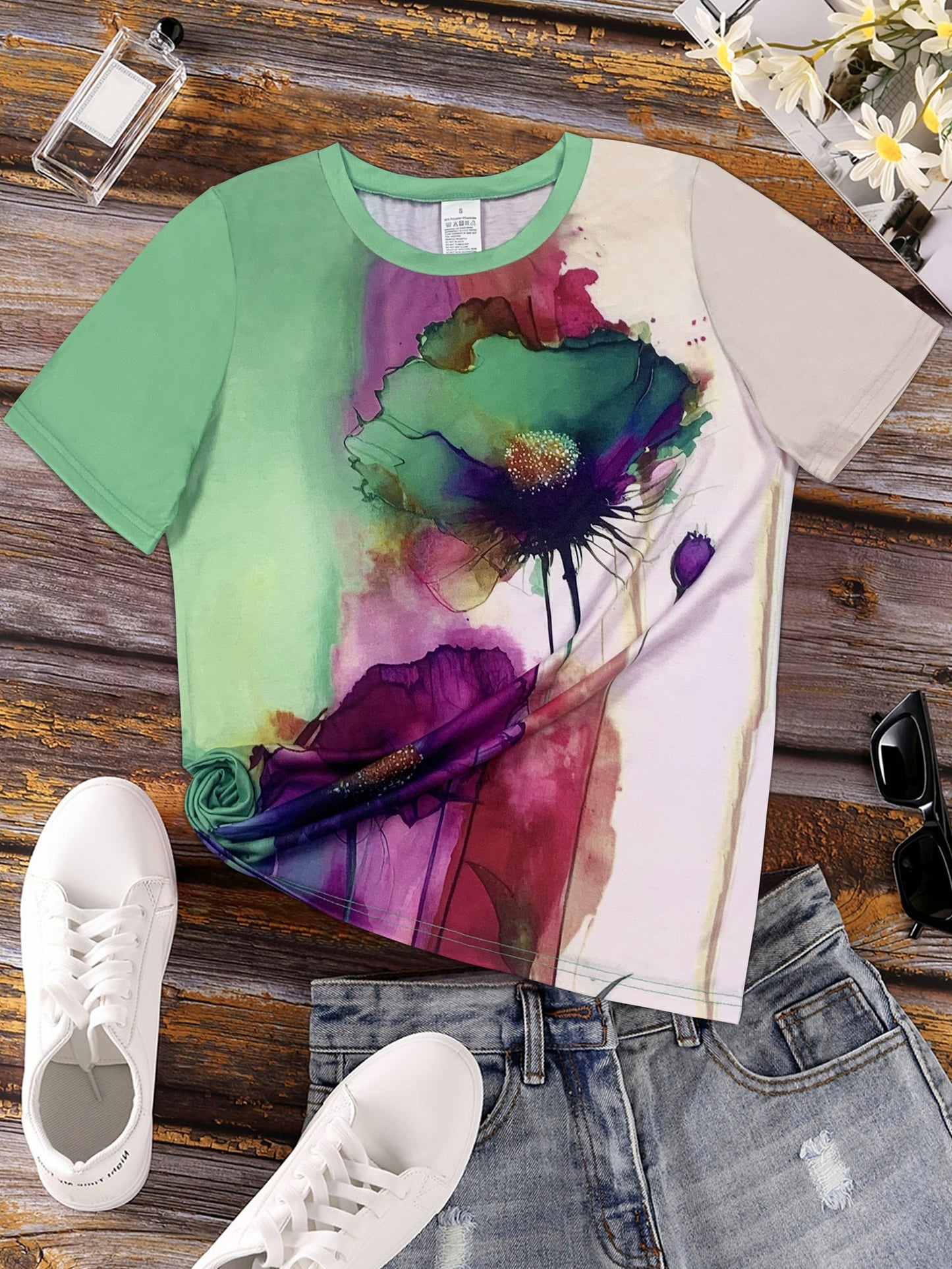 Floral Print T-shirt, Casual Short Sleeve Crew Neck Top For Spring & Summer, Women's Clothing