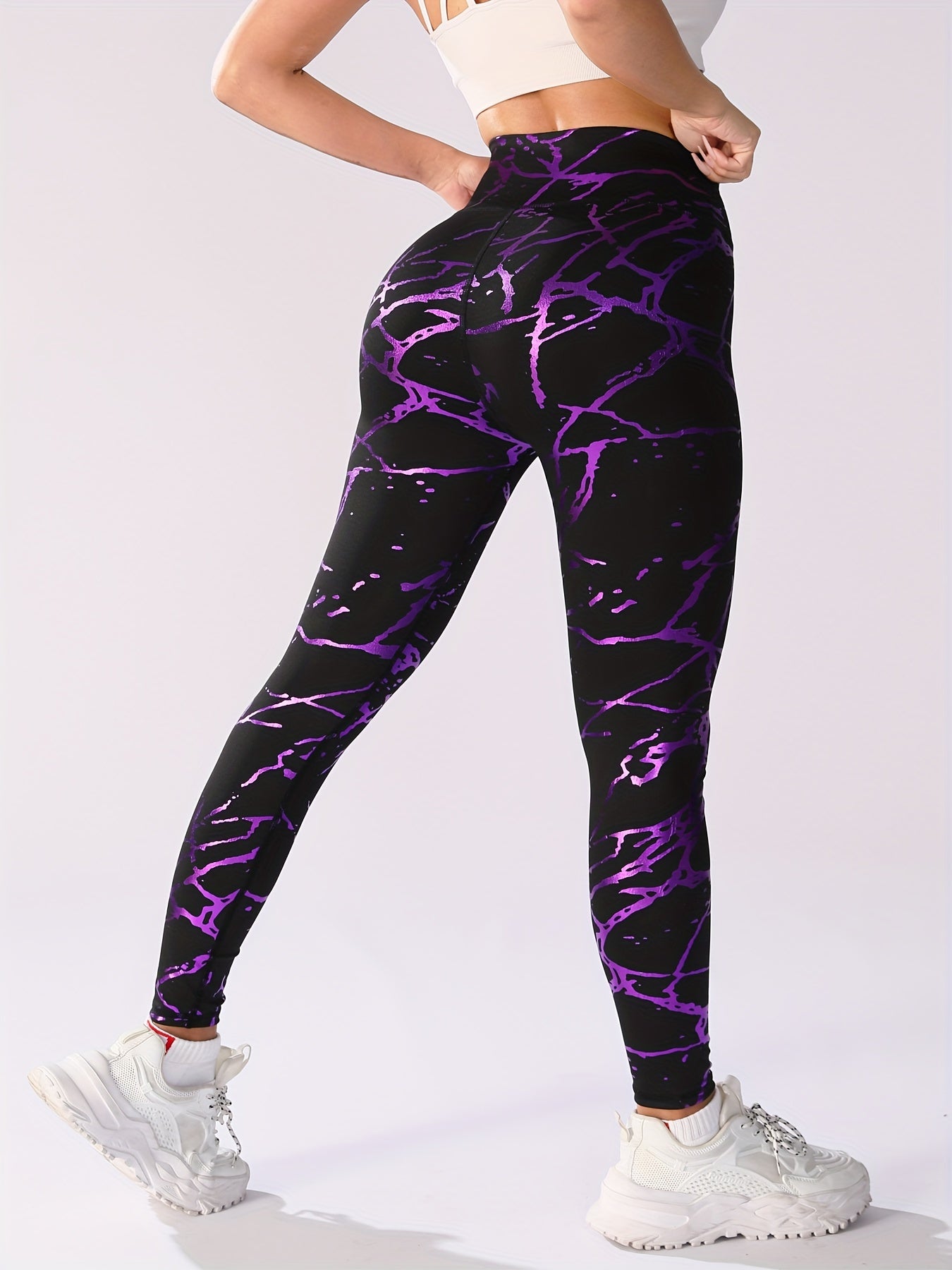 Gold Stamping Print Yoga Pants, High Waist Running Fitness Sports Leggings, Women's Activewear