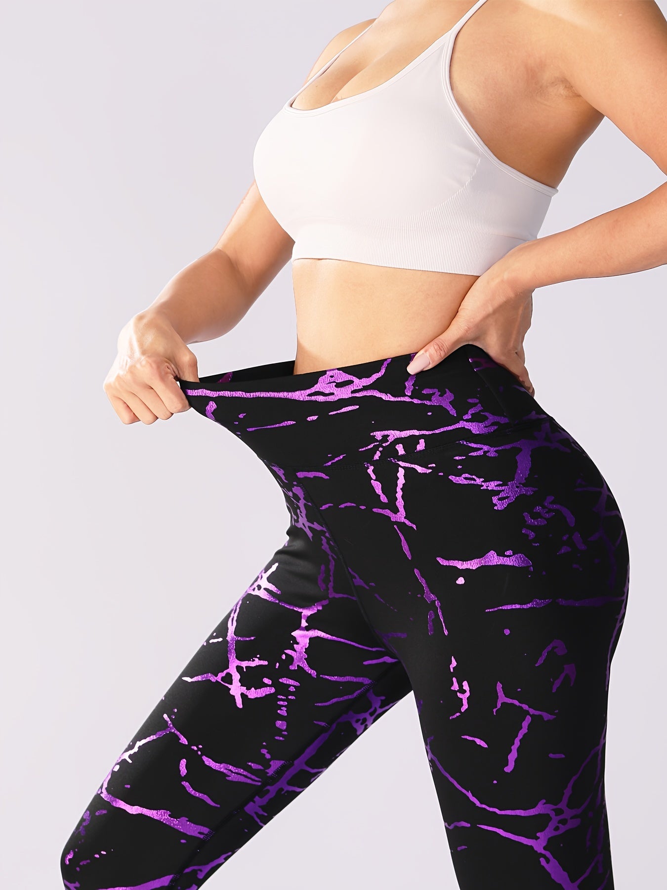 Gold Stamping Print Yoga Pants, High Waist Running Fitness Sports Leggings, Women's Activewear