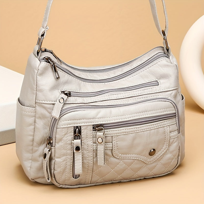 Fashion Multi Zipper Crossbody Bag, Soft Vegan Leather Shoulder Bag, Women's Multi Pockets Handbag Purse