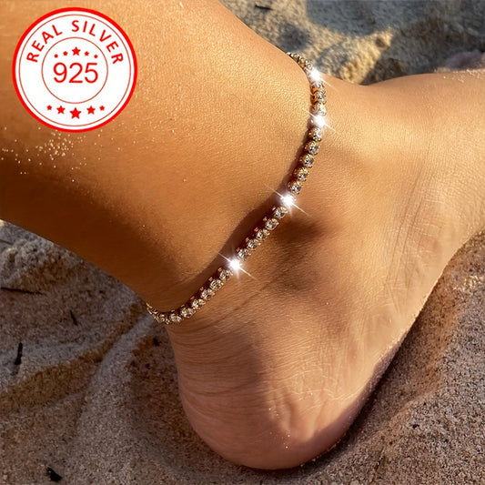 S925 Sterling Silver Ankle Bracelet For Women, Sparkling Rhinestone Chain, Luxury Shiny Foot Jewelry, Hypoallergenic, Perfect For Beach Vacation, Wedding, Party Accessory, Gift, 4.8g/0.17oz