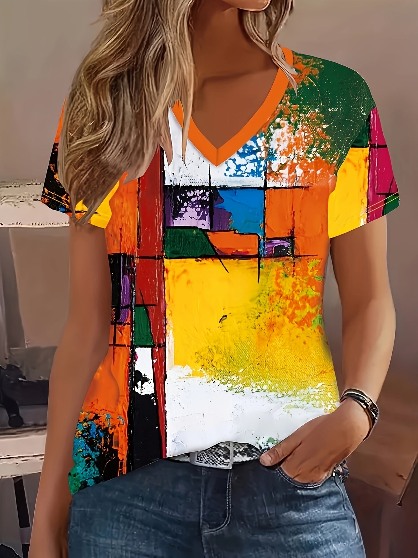 Abstract Art Painting Print Tee - Women's Short Sleeve Casual Top for Summer & Spring