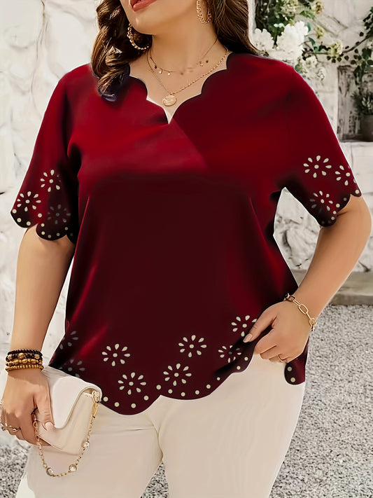 Plus Size Scallop Trim Cut Out Blouse, Casual V Neck Short Sleeve Blouse For Spring, Women's Plus Size Clothing