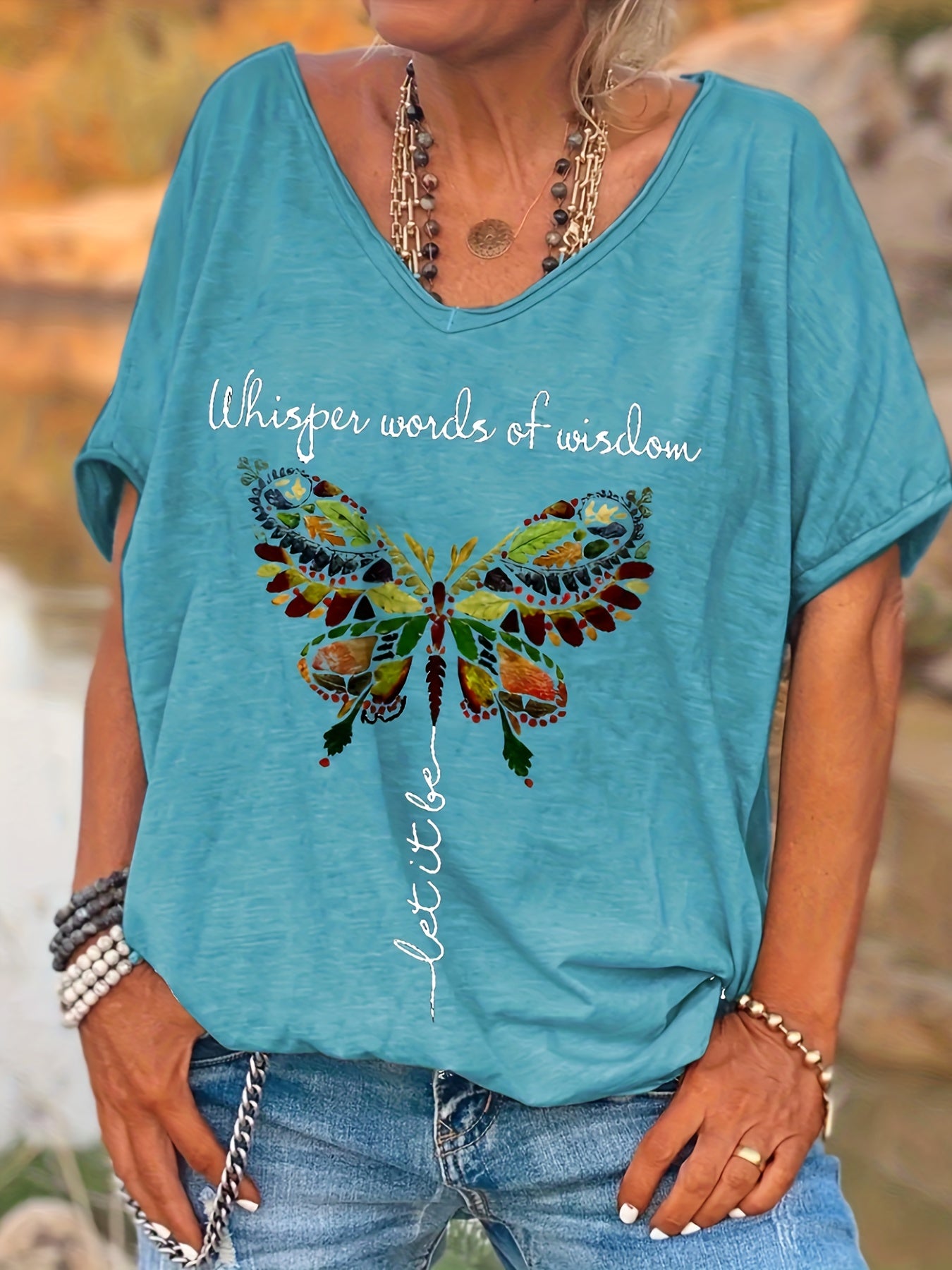 Chic Plus Size Butterfly Tee - V-Neck, Short Sleeve & Stretch Fabric for Everyday Comfort