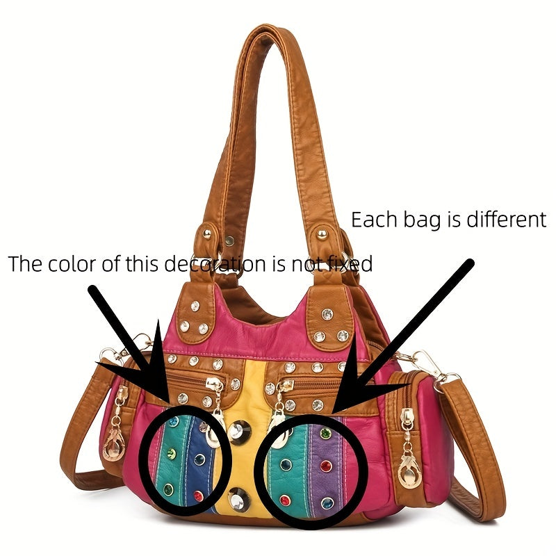 Fashion-Forward PU Leather Hobo Shoulder Bag: Secure Zipper, Rivet Decor, & Stylish Stitching for the Trendy Woman