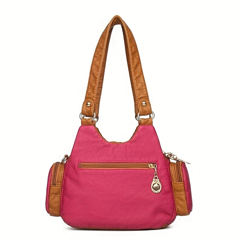 Fashion-Forward PU Leather Hobo Shoulder Bag: Secure Zipper, Rivet Decor, & Stylish Stitching for the Trendy Woman